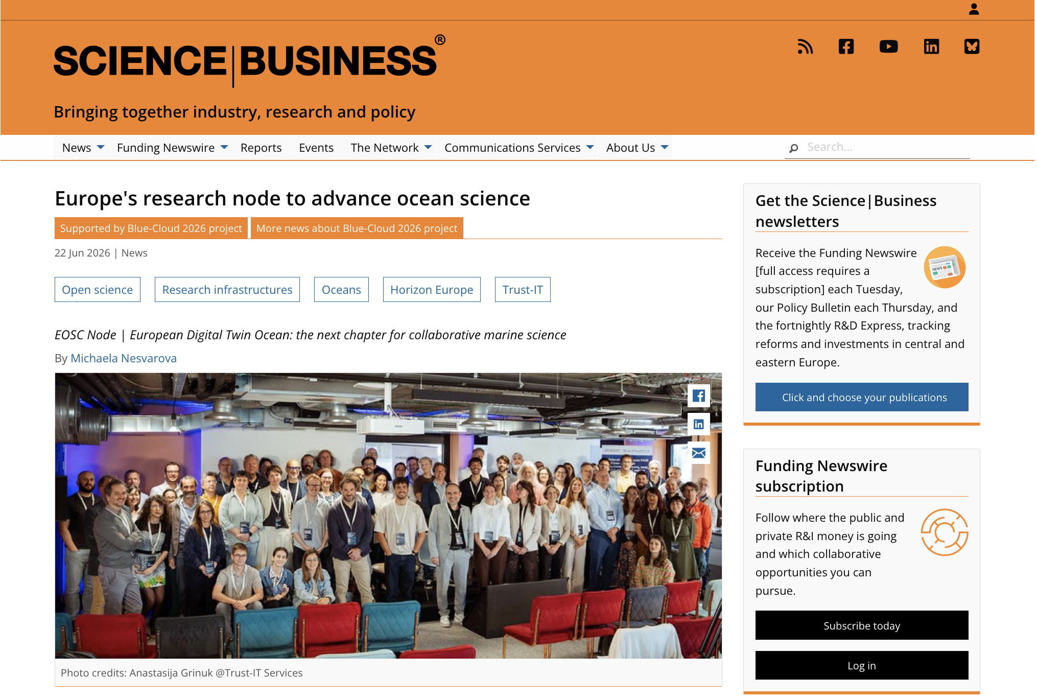 Blue-Cloud 2026 featured article on Science Business magazine